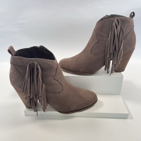 Steve Madden Ohio Western Ankle Booties Fringe Taupe Suede Heeled Women's 8.5 - Picture 3 of 9